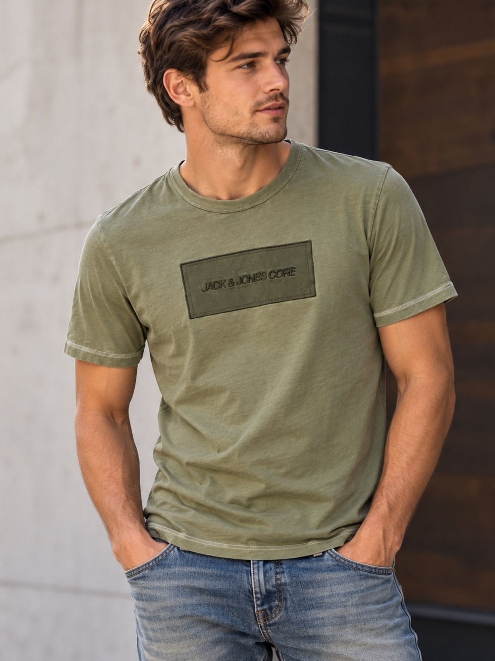 Y2K Olive Green Contrast Stitch Logo T-Shirt